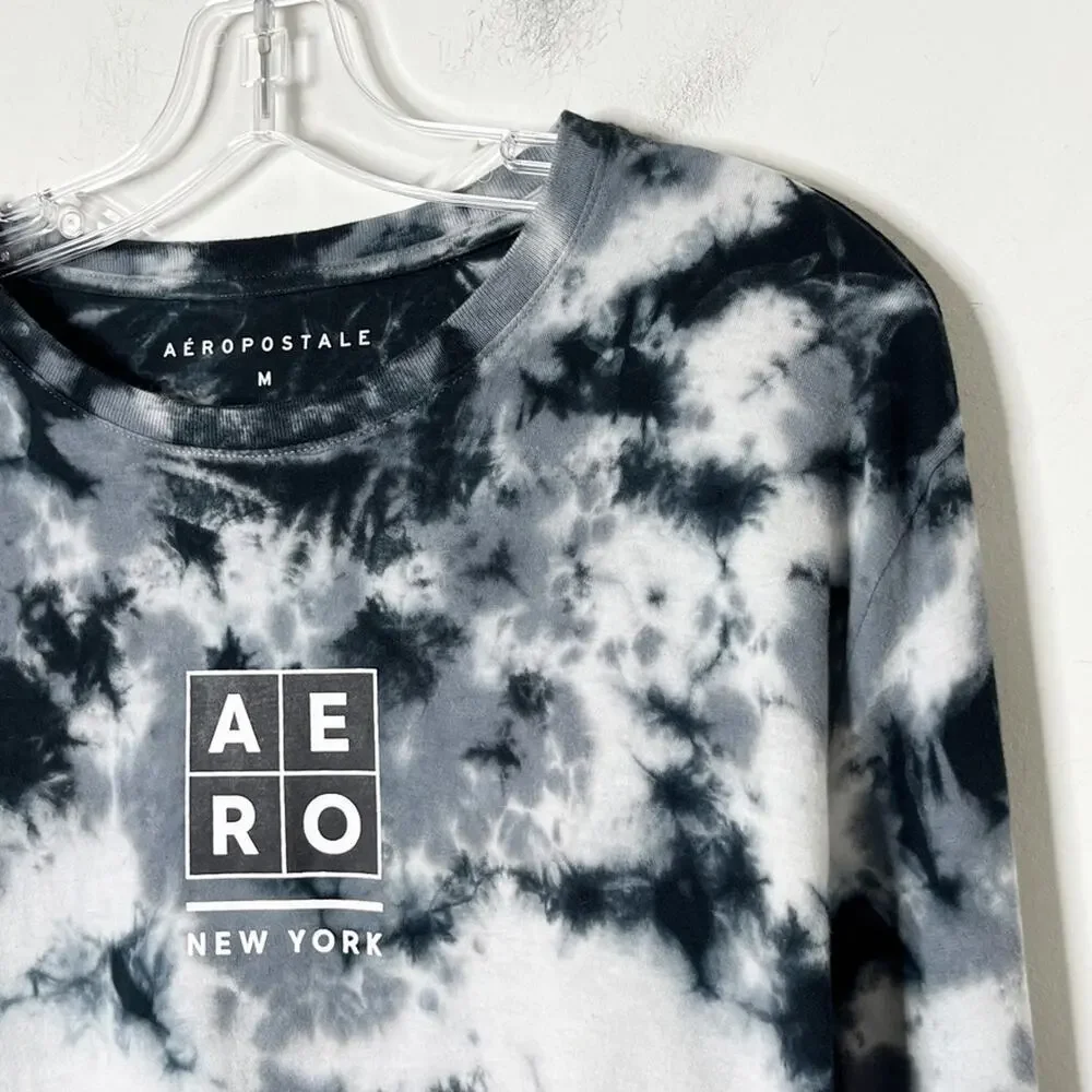 Aeropostale Men's Tie Dye T-Shirt M Black & Gray Long Sleeve Crew Neck Cotton - Picture 4 of 7